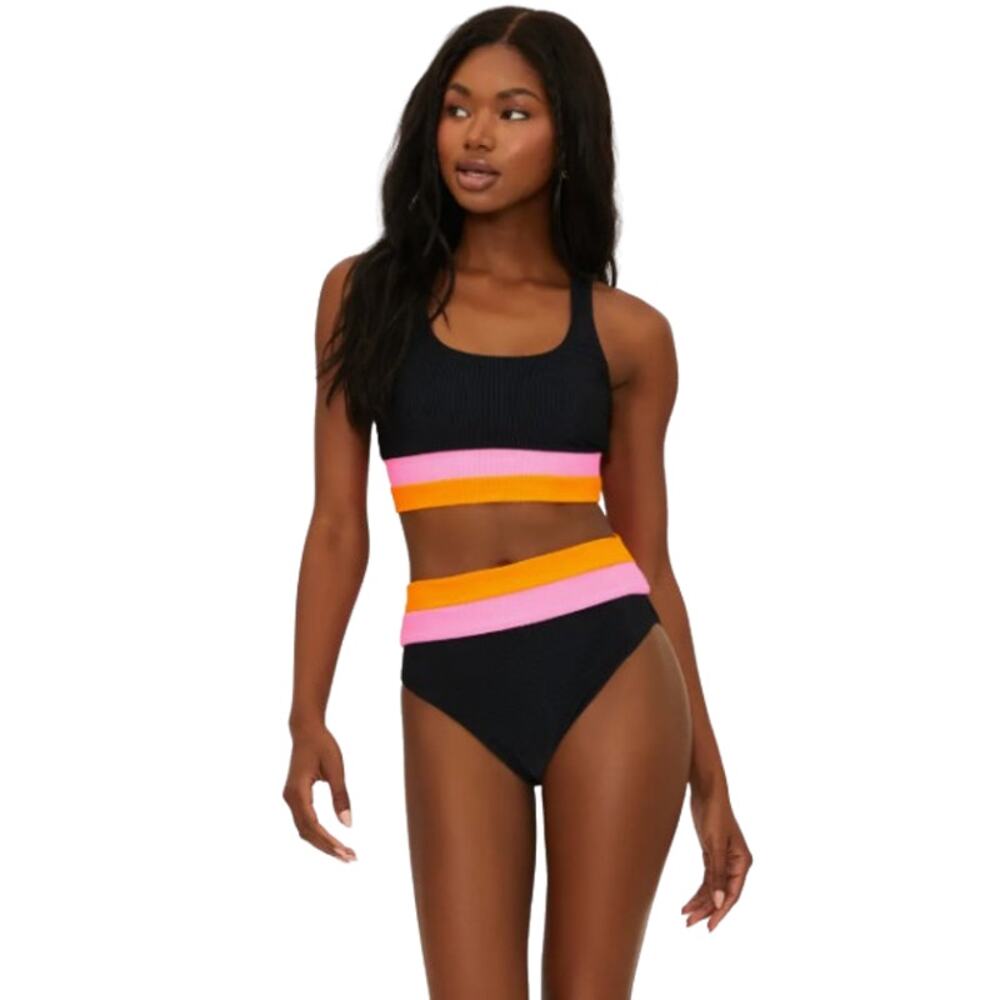 BEACH RIOT Heidi Colorblock High Waist Bikini Bottoms Medium Black Orange NWT - Picture 2 of 14